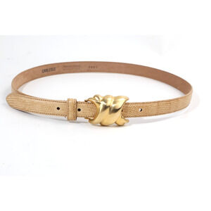 VINTAGE CARLISLE Women's Lizard Embossed Leather Belt Ornate Gold Buckle Size M